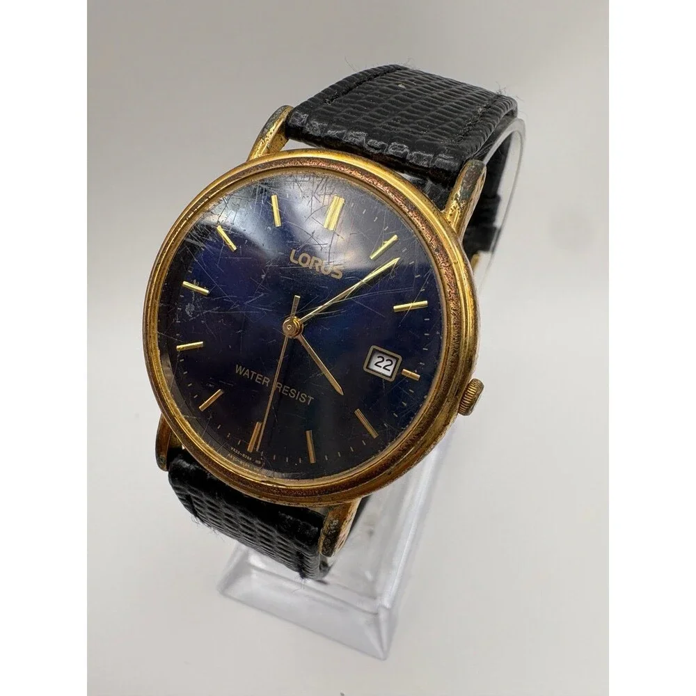 Lorus Men's Watch Blue Dial Date Gold-Tone Case Black Leather Strap VX32-X193